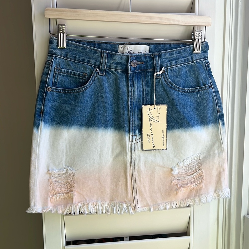 NWT Vintage Savannah Dip Dye Pink White Blue Raw Hem Denim Mini Skirt S